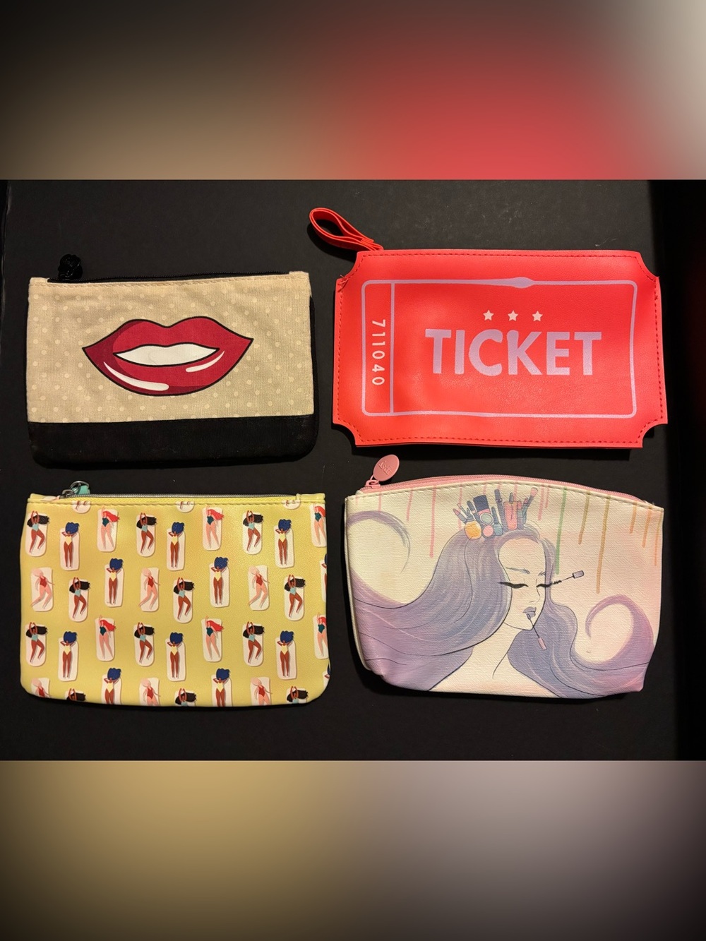 ipsy Red Ticket Wristlet & Assorted Graphic Cosmetic Pouches